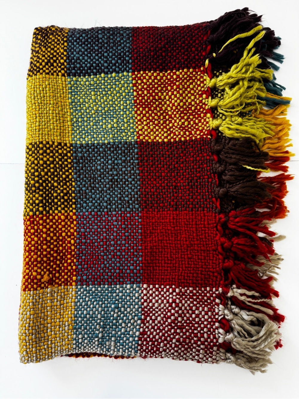 Pier 1 Imports Multicolor Chenille Throw Blanket Square Print Fringe Trim 50x60